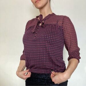 LOFT Blouse Bow Collar Top Maroon Navy Wine Career Office